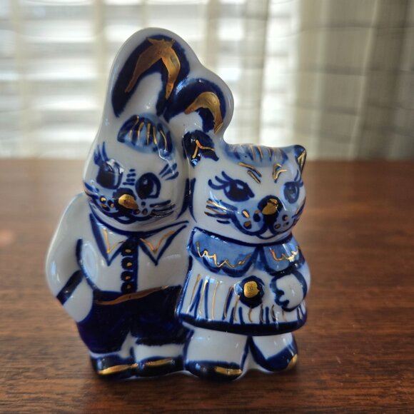 Set of 3 Gzhel Figurines Hand Painted Gilded Porcelain VTG Bunny Cat Rooster Pig - Picture 6 of 16